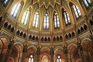 Hungarian Prints: Hungary, Budapest, Parliament Building, Interior view of Dome