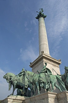 Hungarian Prints: Hungary, Budapest, Pest, Heros Square. Millennium Monument built in 1896 for citys 1