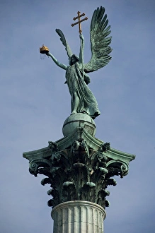 Images Dated 14th September 2009: Hungary, Budapest, Pest, Heros Square. Millennium Monument built in 1896, archangel