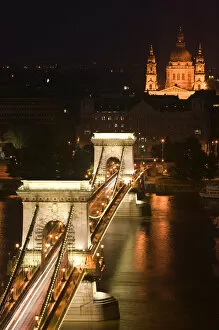 HUNGARY-Budapest: Szechenyi (Chain) Bridge & St. Stephens Basilica from Castle