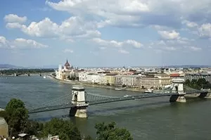 Hungary, Budapest. View of Chain Bridge over Danube river