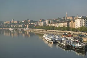 HUNGARY-Budapest: View of Danube Riverfront (Buda) & Riverboats from Margit Bridge