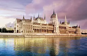 Hungarian Prints: Hungary, Budapest, View of the Parliament and the Danube River at sunset