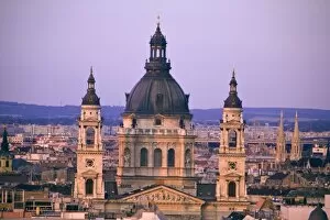 HUNGARY, Budapest. View of St. Stephens Basilica from Castle Hill. (RF)