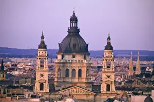 Hungarian Prints: HUNGARY, Budapest. View of St. Stephens Basilica from Castle Hill. (RF)