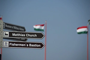 Images Dated 13th September 2009: Hungary, capital city of Budapest. buda, Castle Hill, Hungarian flags