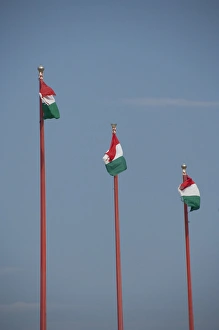 Images Dated 13th September 2009: Hungary, capital city of Budapest. Buda, Castle Hill, Hungarian flags