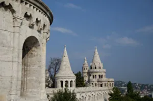Hungary, capital city of Budapest. Buda, Castle Hill, castle towers of the Fishermens Bastion