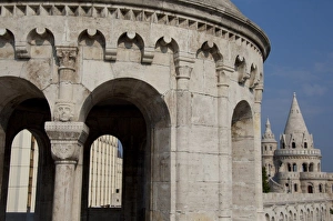 Hungary, capital city of Budapest. Buda, Castle Hill, castle towers of the Fishermens Bastion