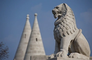 Hungary, capital city of Budapest. Buda, Castle Hill, lion statue in front of castle
