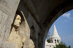 Hungary, capital city of Budapest. Buda, Castle Hill, detail of Fishermans Bastion