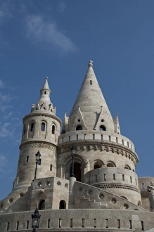 Hungary, capital city of Budapest. Buda, Castle Hill, castle towers of the Fishermens Bastion