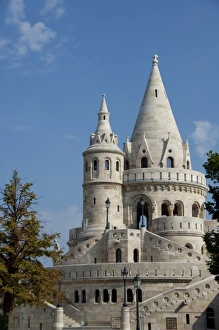 Hungary, capital city of Budapest. Buda, Castle Hill, castle towers of the Fishermens Bastion