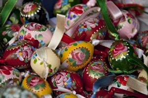 Hungary, capital city of Budapest. Buda side, Castle Hill. Traditional handpainted wooden eggs