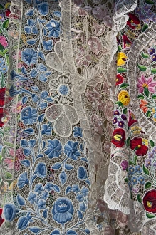 Hungary, capital city of Budapest. Buda side, Castle Hill. Traditional hand made embroidered lace