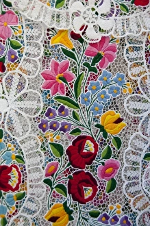 Hungary, capital city of Budapest. Buda side, Castle Hill. Traditional hand made embroidered lace