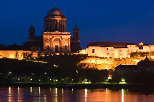 Illuminate Prints: HUNGARY-DANUBE BEND-Estergom: Estergom Basilica (b. 1856) & Danube River / Evening