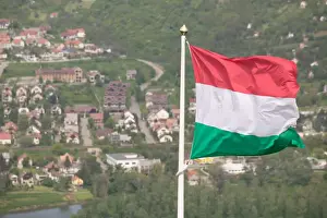 HUNGARY-DANUBE BEND-Visegrad: Visegrad Citadel View of Hungarian Flag & Nagymaros