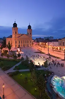 Church Tower Prints: HUNGARY-Eastern Plain- DEBRECEN: Kalvin ter Square - evening overview with Great