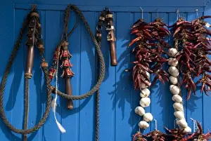 Hungary, Kalocsa. Fresh garlic and local sweet paprika hanging on blue door, with