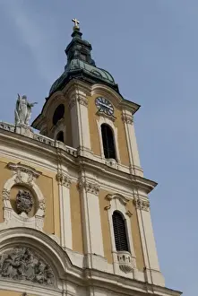Kalocsa Prints: Hungary, Kalocsa. Historic baroque Kalocsa Cathedral, exterior. Bell tower with clock
