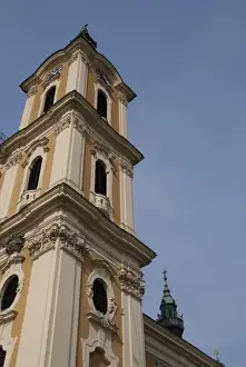 Hungary, Kalocsa. Historic baroque Kalocsa Cathedral, exterior. Bell tower with clock