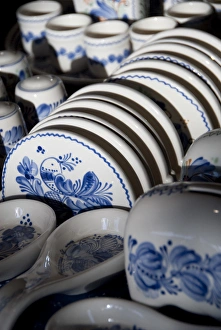 Images Dated 12th September 2009: Hungary, Kalocsa. Typical Hungarian souvenirs. Blue & white hand painted pottery