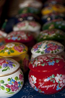 Images Dated 12th September 2009: Hungary, Kalocsa. Typical Hungarian souvenirs, painted wooden boxes