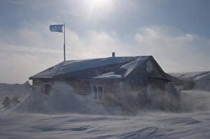 Images Dated 29th April 2006: hunter and trapper cabin on Herschel Island during a snowstorm, off the Mackenzie River delta