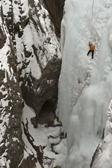 Ice climber ascending at Ouray Ice Park, Colorado