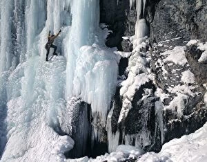 Ice climbing Stewart Falls (WI5), Wasatch Mountains near Provo, Utah. (MR)