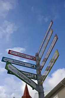 Iceland, Akureyri. Street signs in the main business district