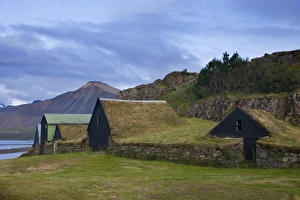 Storage Prints: Iceland, Borgarnes. Sod-roofed sheds