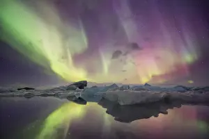 Iceland, Jokulsarlon. Aurora lights reflect in lagoon