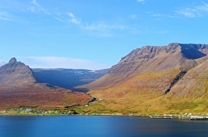 Settlement Prints: Iceland. Landscape in fjord Alftafjordur and village Sudavik during autumn