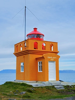 Settlement Prints: Iceland. Lighthouse Osholar, Bolungarvik at fjord Isafjardardjup during autumn