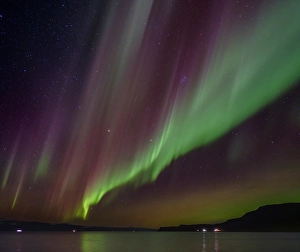 Northern Lights Prints: Iceland. Northern Lights over fjord Isafjardardjup near Isafjordur view towards Hornstrandir