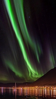 Settlement Prints: Iceland. Northern Lights over Isafjordur, the capital of the Westfjords during autumn
