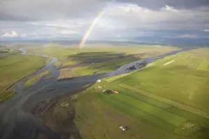 Reykjavik Prints: Iceland, Reykjavik. Aerial of a double rainbow over the Holsa and another river. Credit as