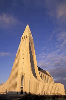 Images Dated 16th April 2004: Iceland, Reykjavik Hallgrims Church, tallest building in Iceland, at sunset