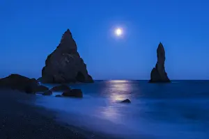 Moonrise Prints: Iceland, Reynisdrangur. Moonrise reflection on ocean and seastacks