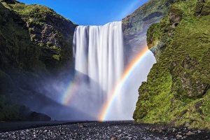 Dennis Kirkland Prints: Iceland, Skogafoss. Waterfall and rainbow