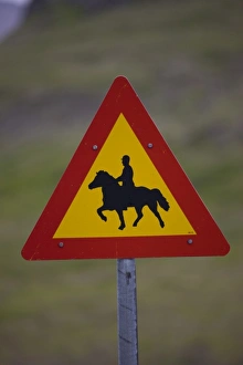 Iceland, Snaefellsnes Peninsula. A road sign warning motorists of an equestrian crossing