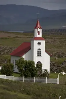 Terrain Prints: ICELAND21195_JUL2009_BARTRUFF. CR2-Country church at foot of Mt. Helgafell on Snaefellsnes