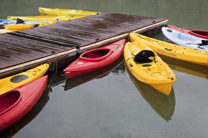 ID, Sawtooth National Recreation Area, Redfish Lake Lodge, Colorful kayaks at the dock