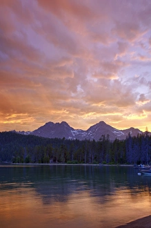 ID, Sawtooth National Recreation Area, Redfish Lake, with Sawtooth Range at sunset