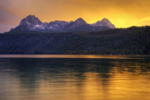 ID, Sawtooth National Recreation Area, Redfish Lake, with Sawtooth Range at sunset