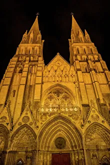 Illuminated Prints: Illuminated Bayeux Cathedral facade Towers Our Lady of Bayeux Church