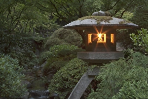 Illuminated lantern in Portland Japanese Garden, Oregon
