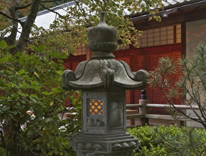 Oriental Prints: Illuminated stone lantern and pavillion in Portland Japanese Garden, Oregon